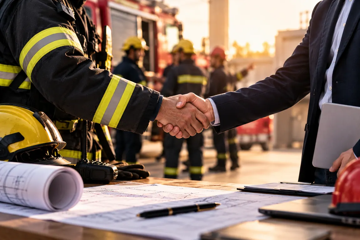 Bombero y especialista estrechando la mano